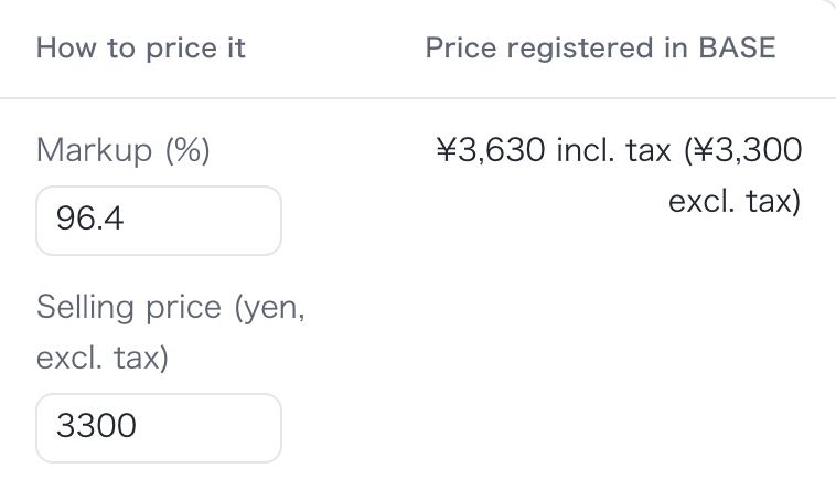 The retail price table on “Add to your store” (sample: wholesale price, markup and the price registered in BASE)