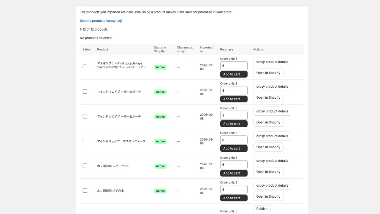 The “Imported” list (sample view: publish and buy buttons)