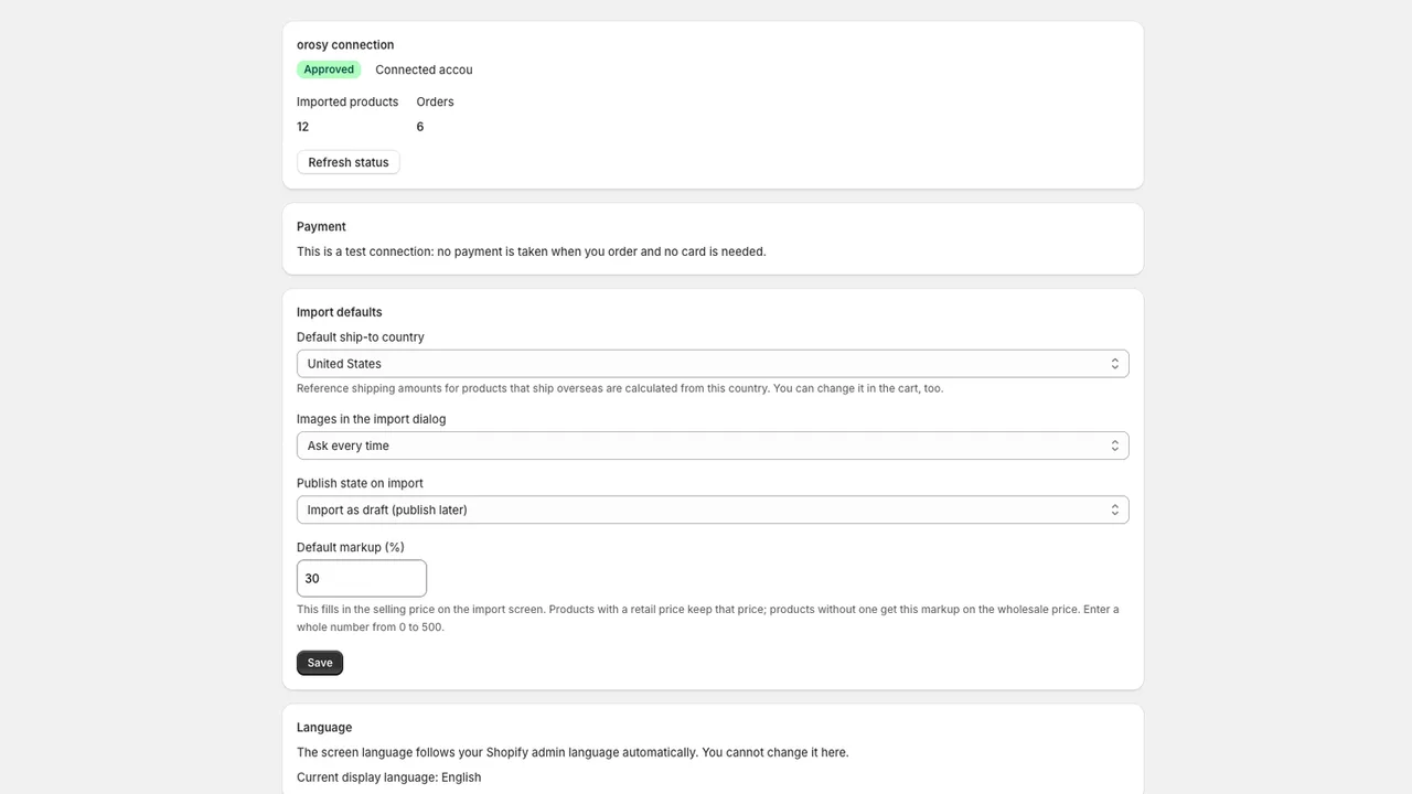The app settings screen (sample view): orosy connection, payment card, import defaults