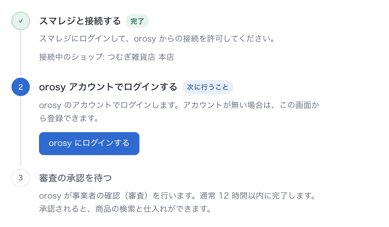 接続画面（表示例）。スマレジとの接続が済み、次は orosy アカウントでログインする状態