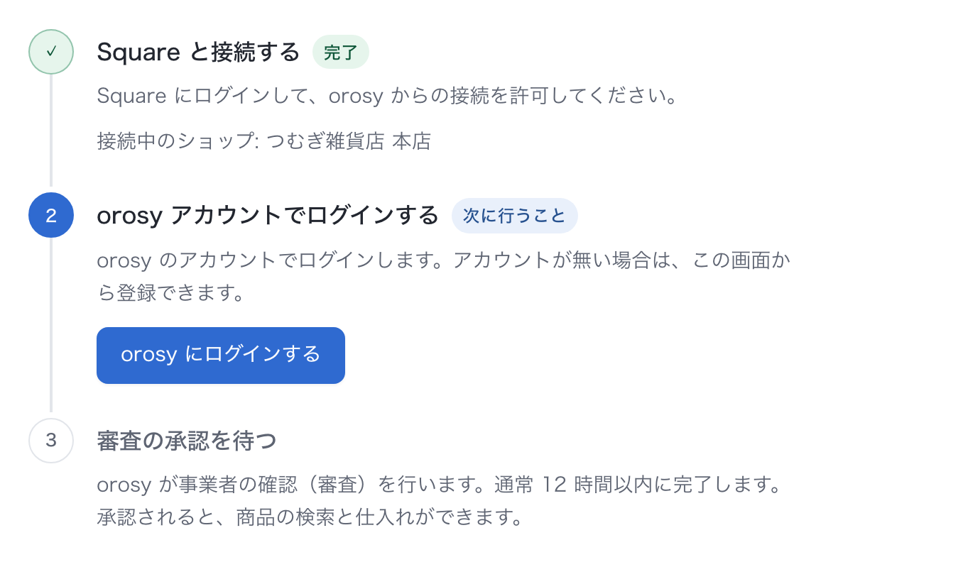 接続画面(表示例)。Square との接続が済み、次は orosy アカウントでログインする状態