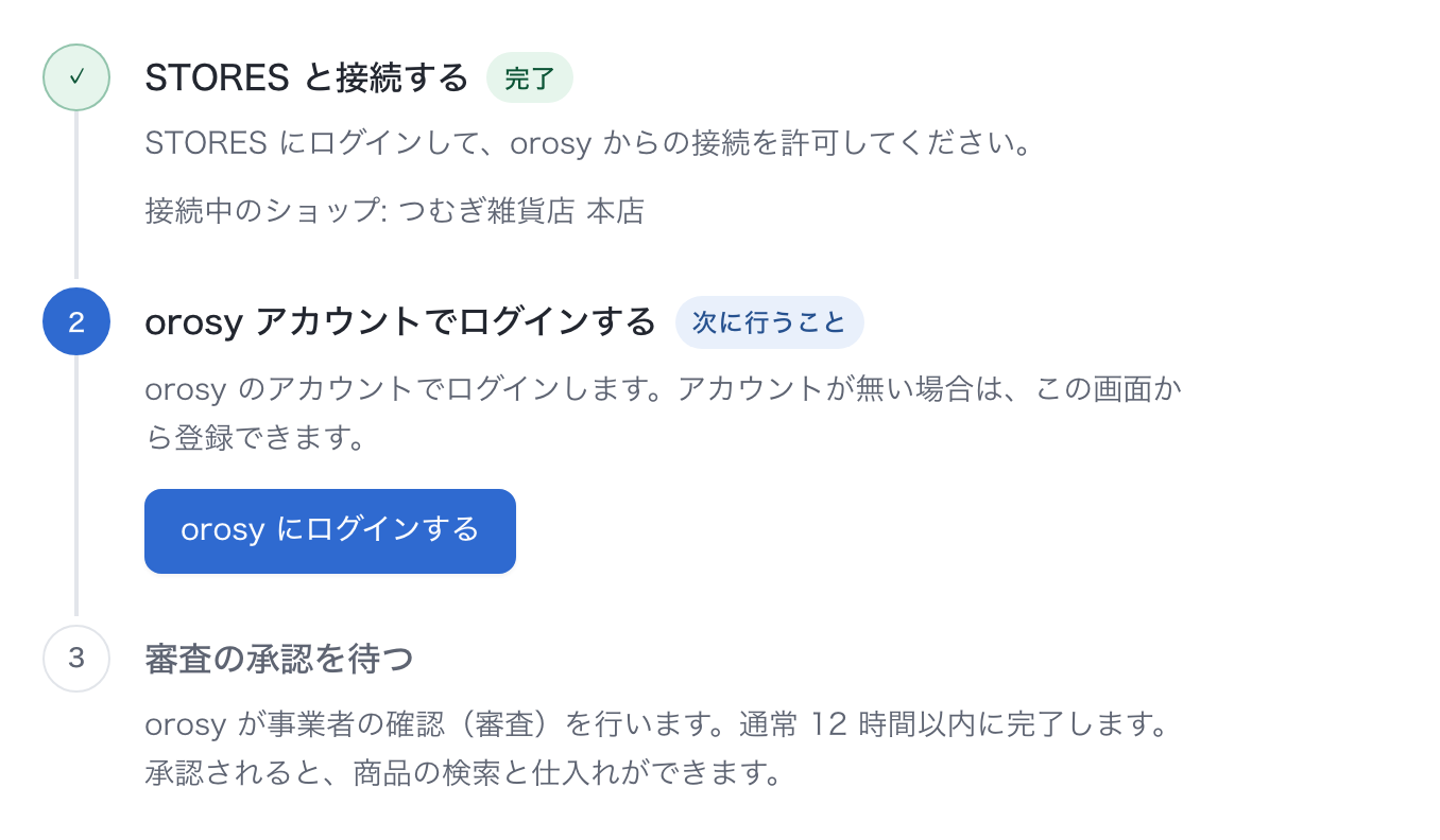 接続画面（表示例）。STORES との接続が済み、次は orosy アカウントでログインする状態